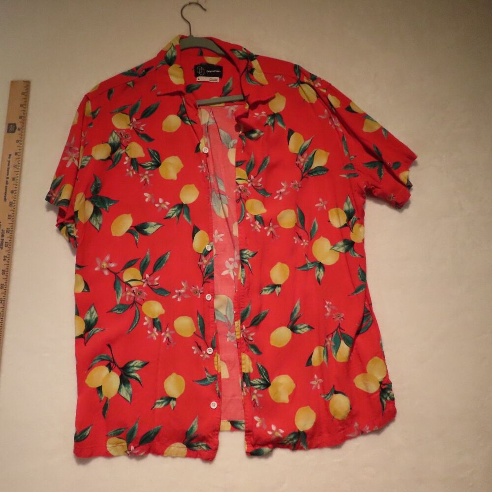 Original Use Mens Large Red Lemon Print Short Sleeve Button Up Rayon Shirt AS IS